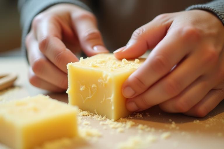 Hands carefully working on handmade soap bars, showing the artisanal process.